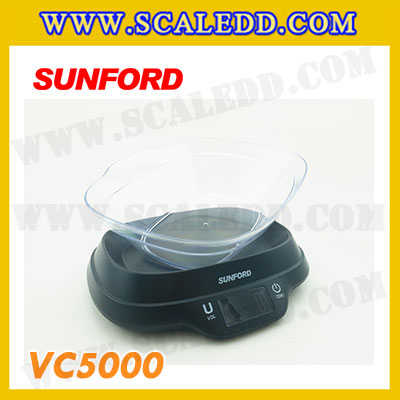 เครื่องชั่งตวงอาหารใช้ในบ้าน 5000g เครื่องชั่งในครัวเรือนใช้ตวงอาหารดิจิตอล 5กิโลกรัม เครื่องชั่งตวงอาหารดิจิตอล 5kg เครื่องชั่งตวงอาหาร 5000g เครื่องชั่งตวงอาหารดิจิตอล พิกัด 5kg ความละเอียด 1g ยี่ห้อ SUNFORD รุ่น VC5000 (รหัสตัวแทน B198)