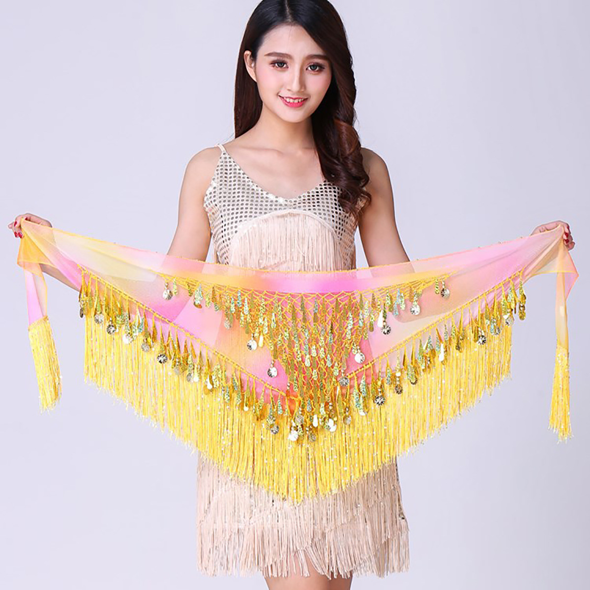 ผ้าผูกเอว พันสะโพกเต้นรำ ผ้าพันสามเหลี่ยมประดับเลื่อมสำหรับเต้นรำหน้าท้องแบบใหม่ ผ้าพันคอพู่สำหรับฝึกซ้อมเต้นสะโพก