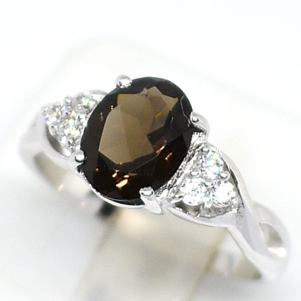 แหวนเงินแท้ราคาถูกชุบทองคำขาว พลอยแท้สโมกกี้ควอทซ์ 1.70 กะรัต เพชรCZ 0.15 กะรัต งานประณีตสวยงาม สั่งผลิตค่ะ