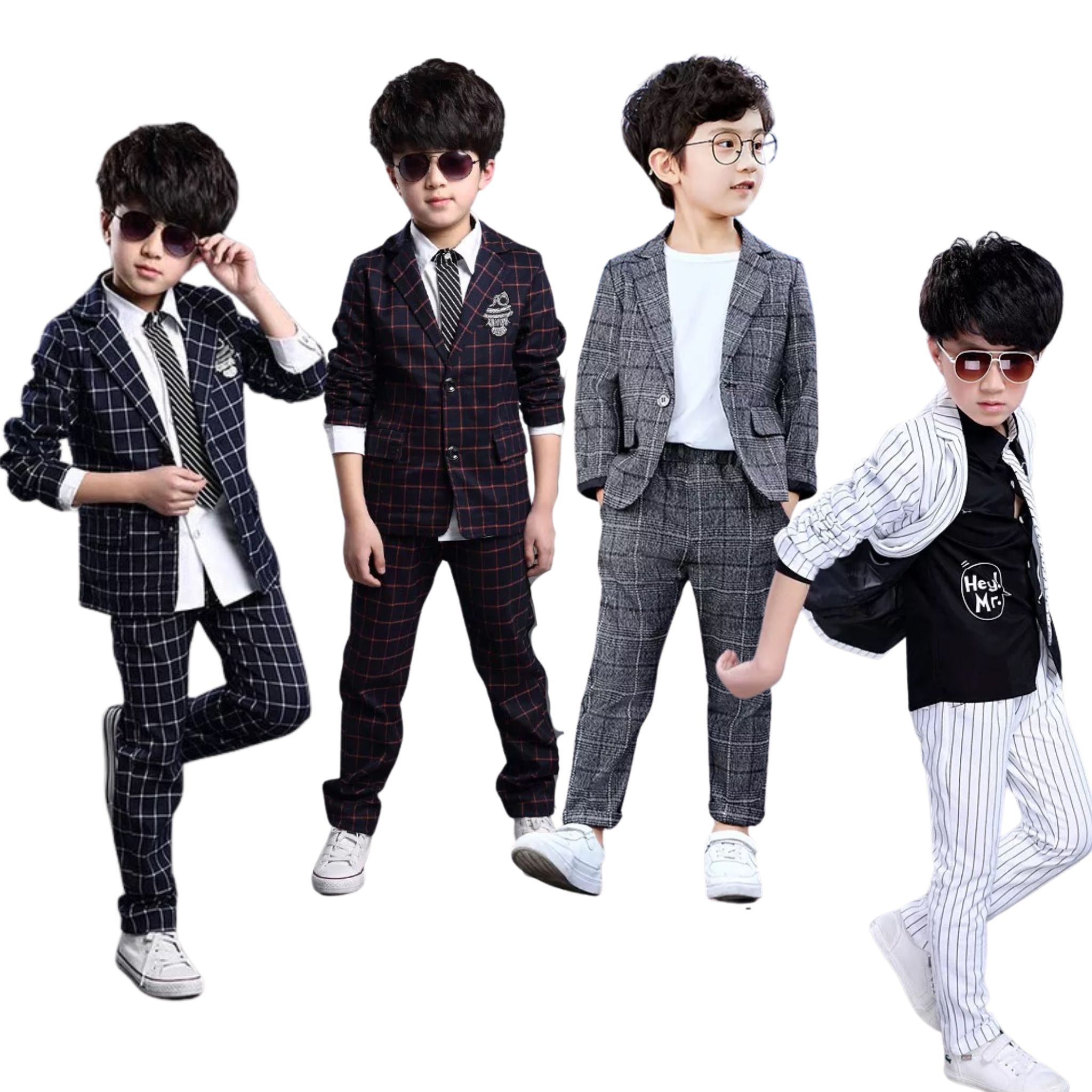 ชุดเซ็ตสูท เสื้อนอก+กางเกงขายาว ลายสก็อต สีแดง สีขาว