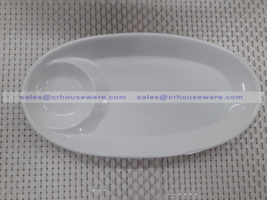 จานวงรี มีช่องน้ำจิ้ม 11 นิ้ว นิ้ว 017-PX-A3828,ถาดเมลามีนมีหลุมใส่ของว่าง,ถาดเมลามีนมีหลุมใส่แก้วกาแฟทรงซ้อนได้เพิ่ม