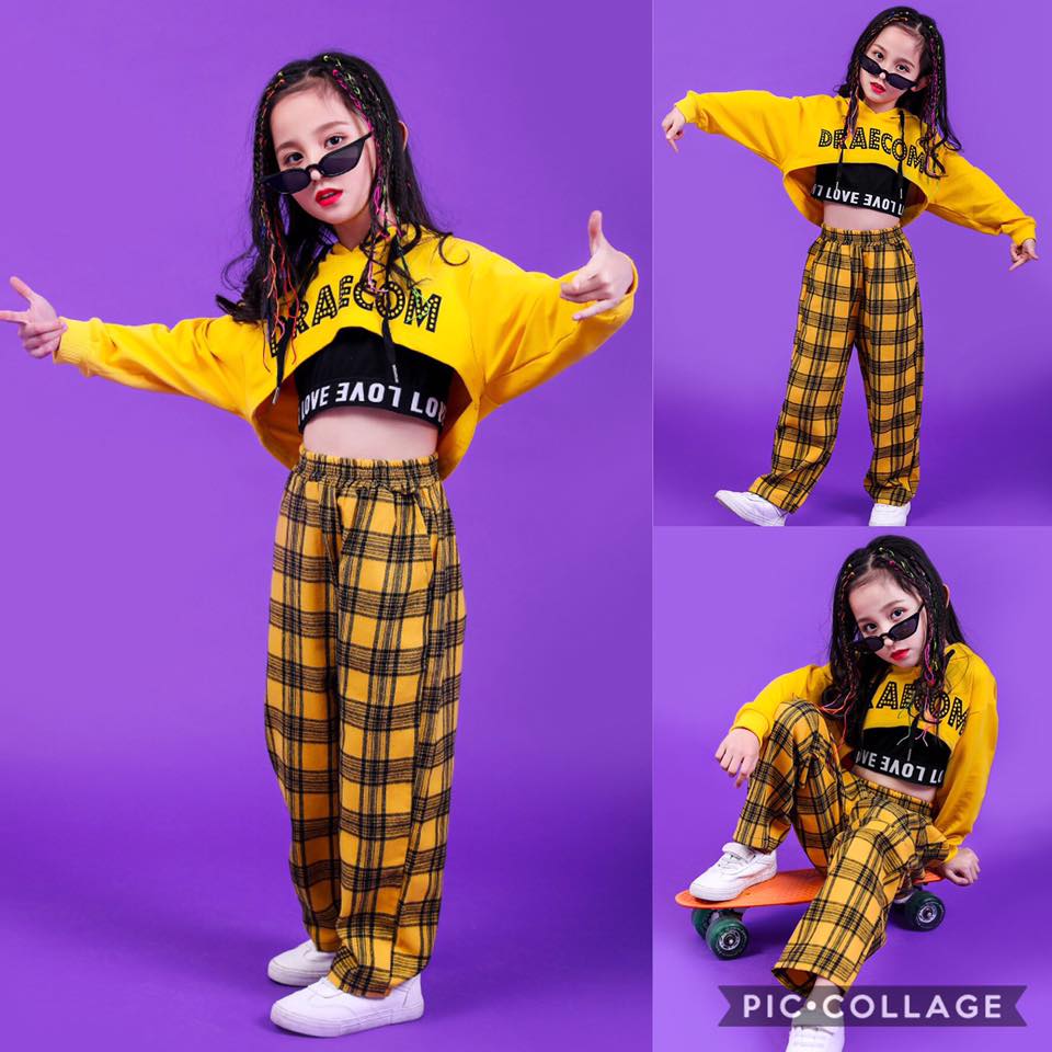 ชุดเต้น ชุดแดนซ์ เซ็ตลายสก๊อต สีเหลือง/สีแดง