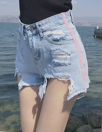 ยีนส์ขาสั้นแต่งขาดๆ แต่งขาดสีชมพูสไตล์เกาหลี รหัส 1608-3 size S/M/L