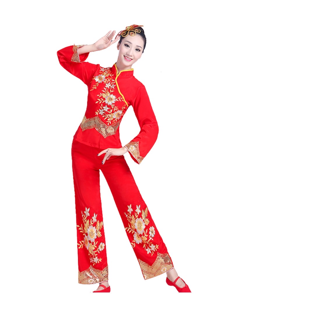 ชุดกี่เพ้า แขนยาวปักลายดอกไม้ คอป้าน+กางเกงขายาวสีแดง