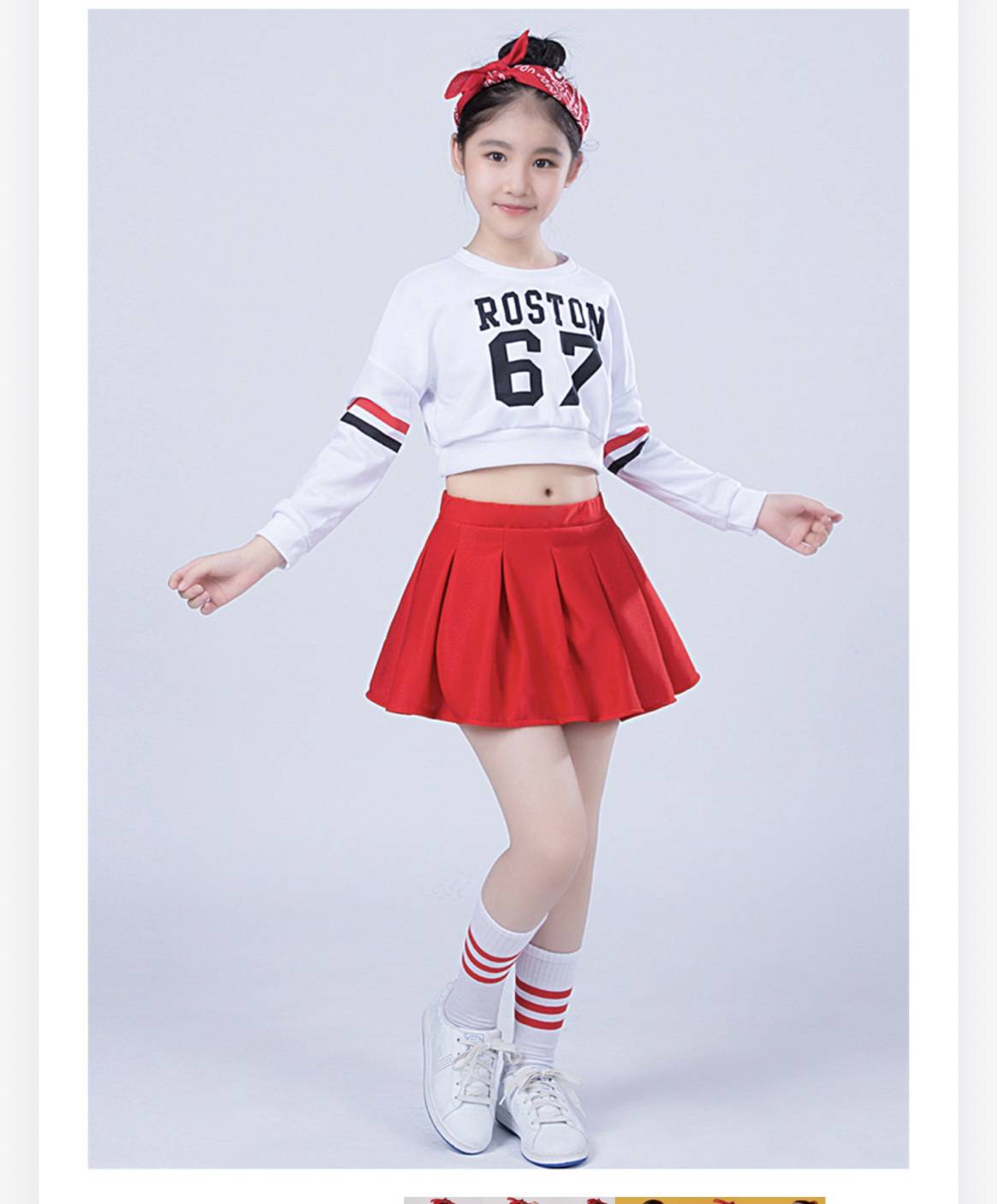 ชุดเต้น ชุดแดนซ์ เสื้อสีขาวลาย 67 +กระโปรงแดง/กางเกงแดง