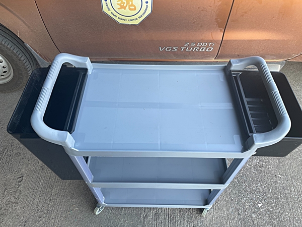 รถเข็นพลาสติก 3 ชั้น พร้อมกล่องใส่ช้อน-ส้อม,รถเข็นเก็บจานร้านอาหาร,