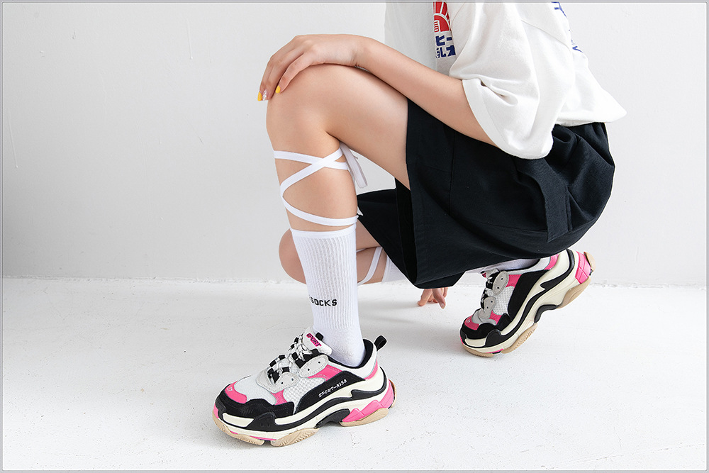 พร้อมส่ง ถุงเท้า เด็ก-ผู้ใหญ่ แบบยาว มีสายไขว้ ผูกข้อขา สีพื้น