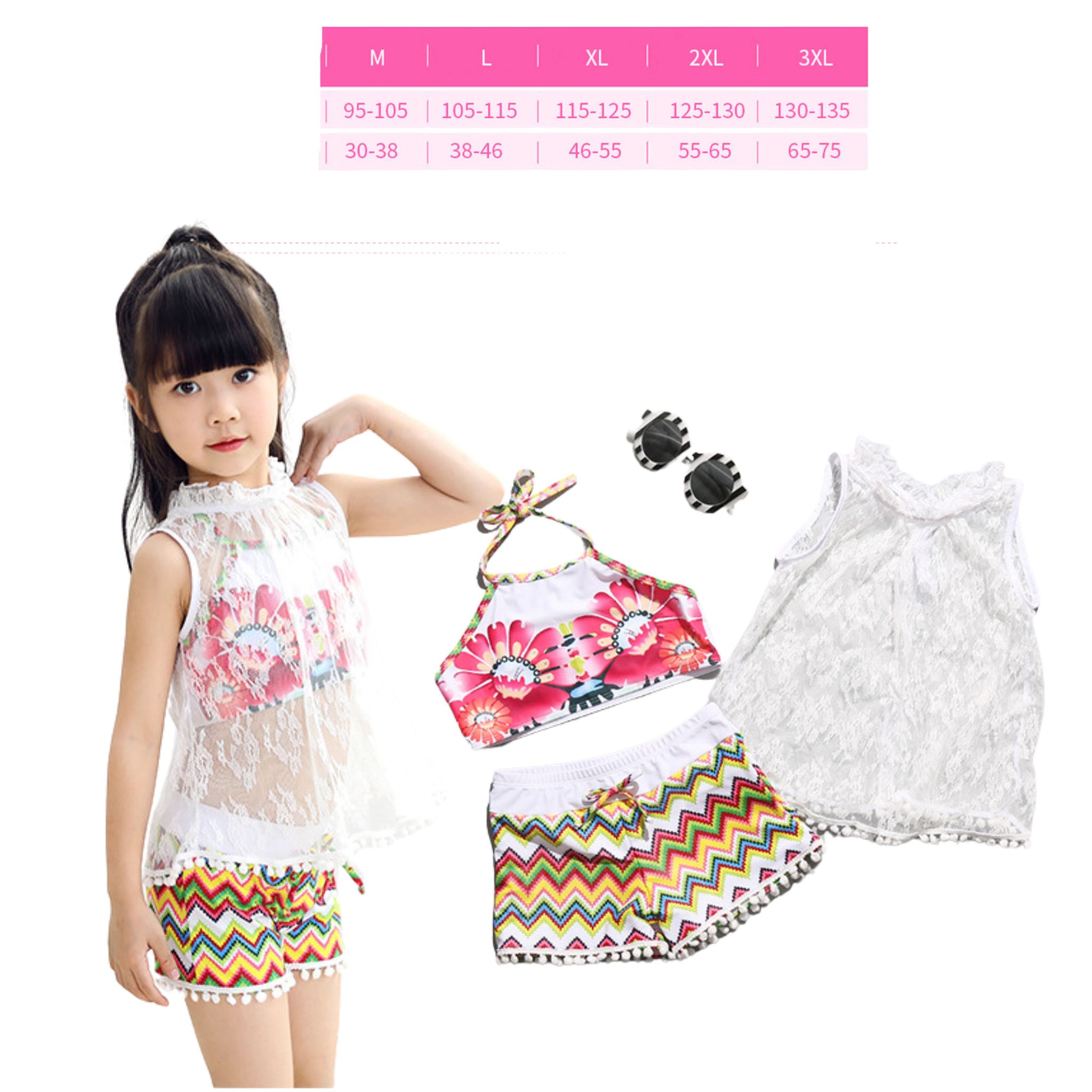 สินค้าพร้อมส่ง ชุดว่ายน้ำ เด็กหญิง เซ็ต 3 ชิ้น สไตล์ลายดอก