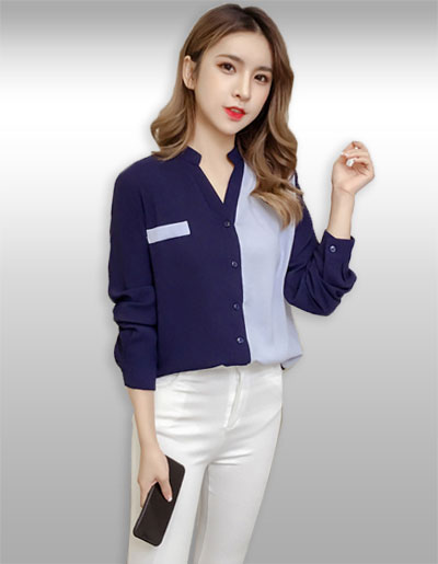 เสื้อเชิ๊ตแฟชั่นแต่งสองสีแบบเรียบหรู รหัส 2174