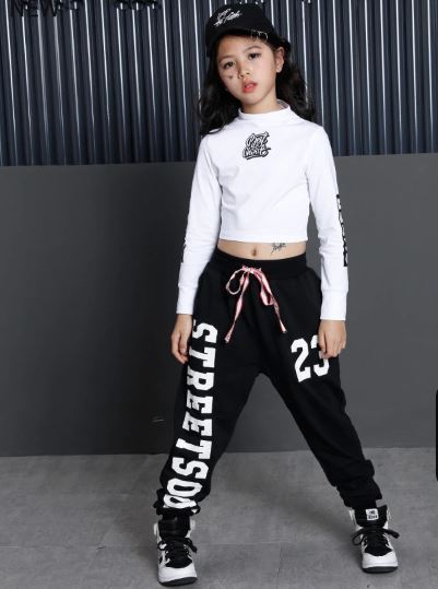 พร้อมส่ง ชุดเต้น ชุดฮิปฮอป สีขาวแขนยาวสีแดง+กางเกง