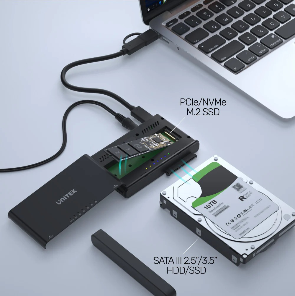 SolidForce+ USB-C to PCIe/NVMe M.2 SSD Enclosure + SATA III Adapter with Offline Clone by Unitek