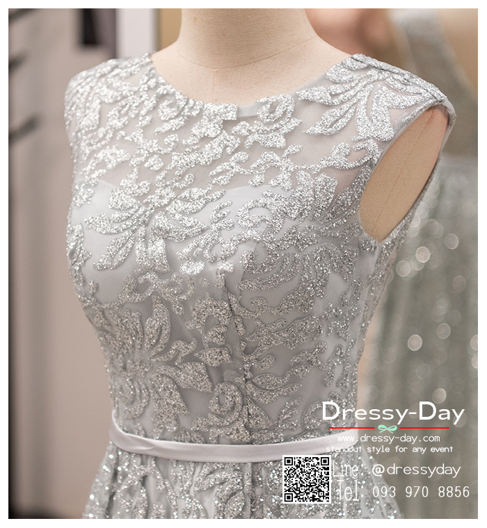 รหัส ชุดราตรี : PFL043A ชุดราตรียาว แขนกุด สีเทาเงิน ใส่ออกงานบายเนียร์ งานพรอม ไปงานแต่งงานกลางคืน งานเดินพรหมแดง งานกาล่าดินเนอร์