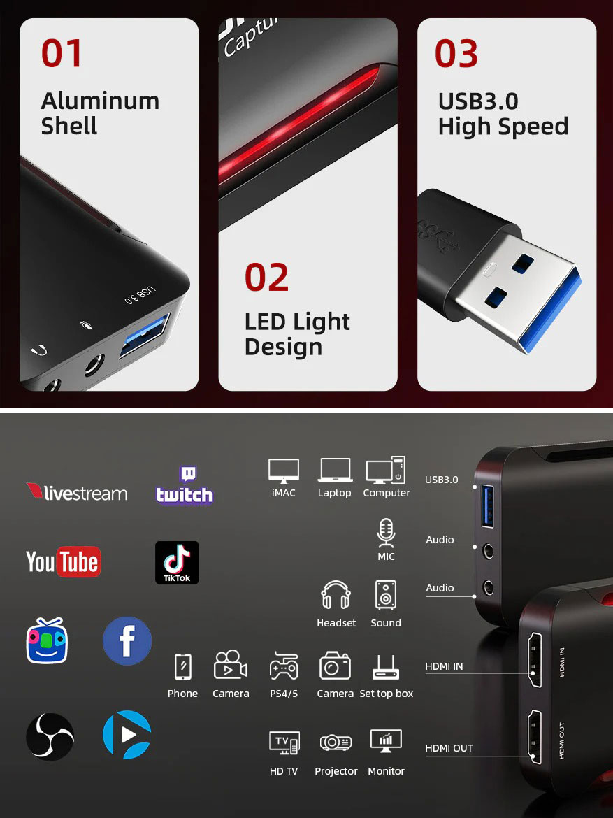 4K Ultra HDMI Video Capture Card Device for Live Streaming Output 1080P 60Hz by Cabletime