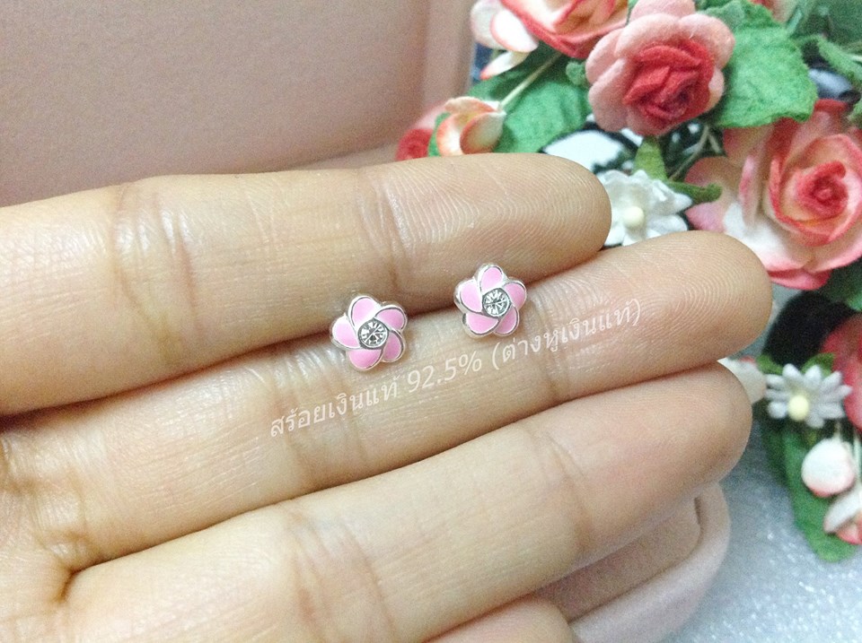 ต่างหูเงินแท้จิ๋ว ดอกไม้สีชมพู