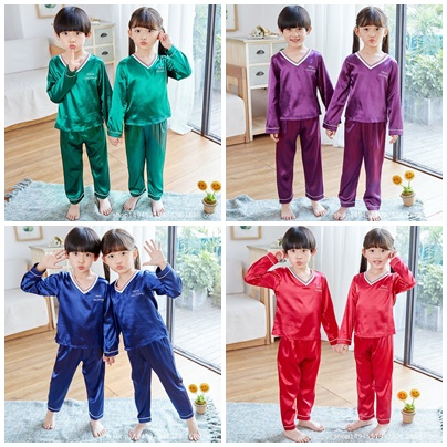 พร้อมส่ง ชุดนอนเด็ก ชุดนอนซาติน แขนยาว+กางเกงขายาว