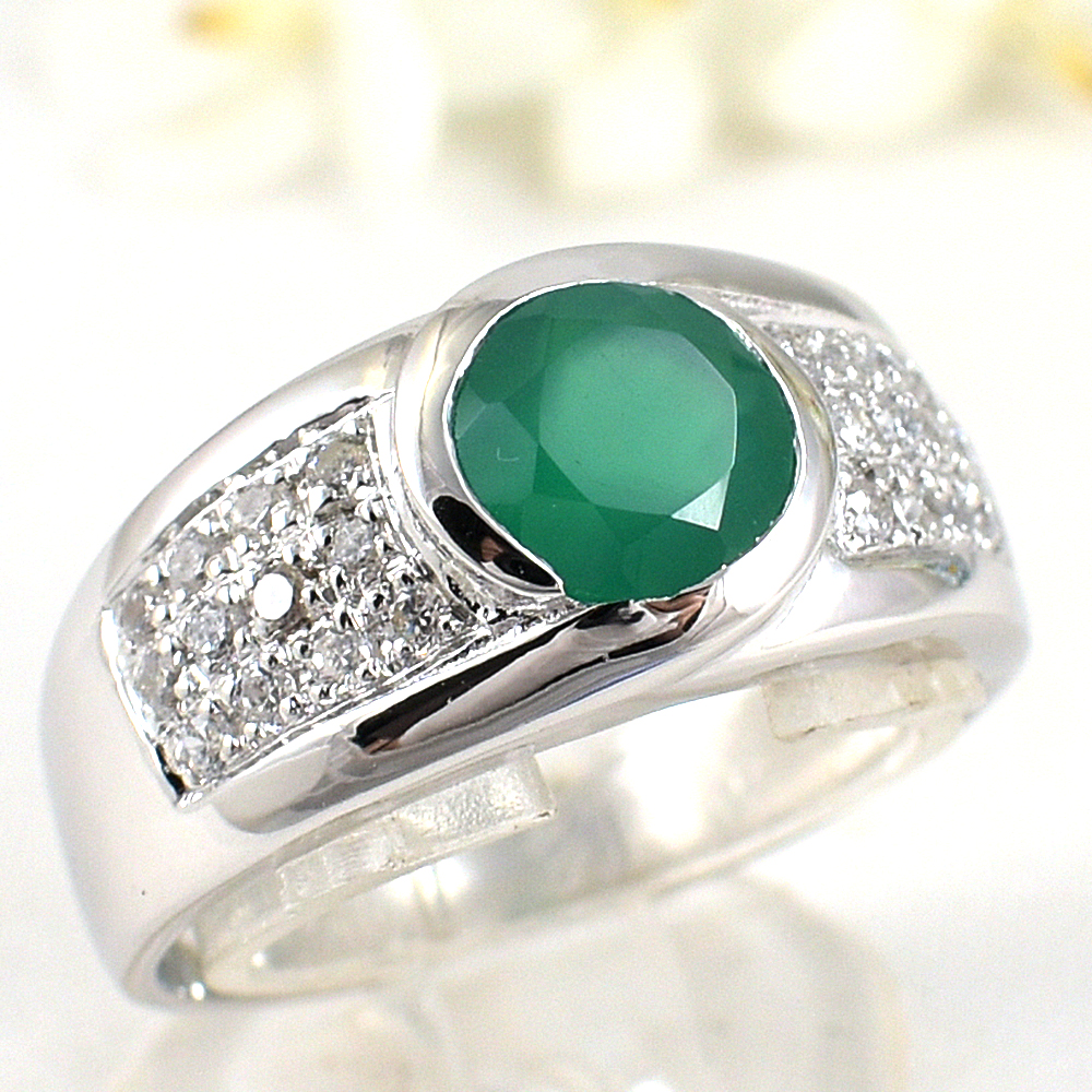 แหวนเงินแท้ราคาถูกชุบทองคำขาว พลอยแท้กรีนอะเกท 1.35 กะรัต เพชรCZ 0.36 กะรัต งานประณีตสวยงาม สั่งผลิตค่ะ