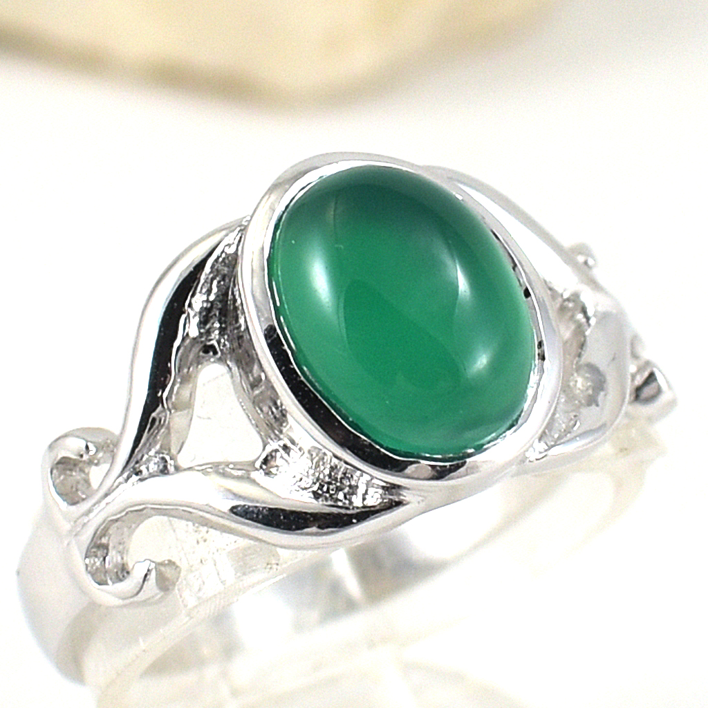 แหวนเงินแท้ราคาถูกชุบทองคำขาว พลอยแท้กรีนอะเกท 2.25 กะรัต งานประณีตสวยงาม สั่งผลิตค่ะ