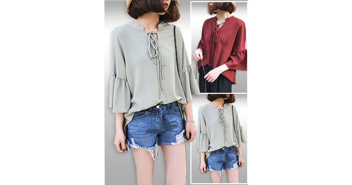 เสื้อแฟชั่นแขนระบายผูกโบว์คอสวยๆมี 3สี รหัส2055