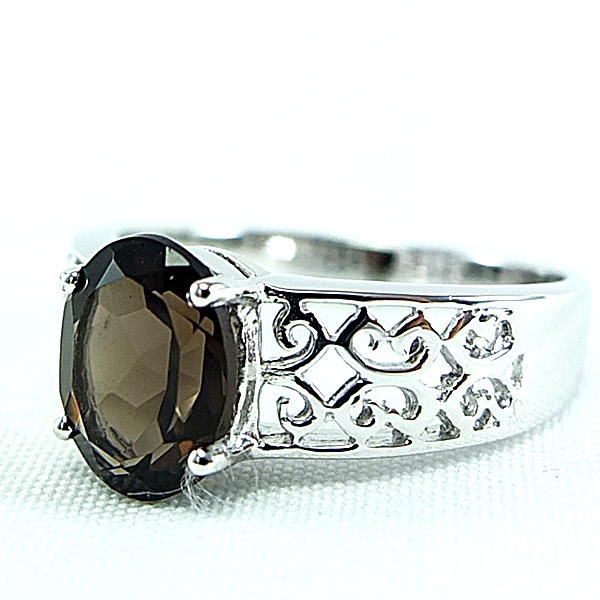 แหวนเงินแท้ราคาถูกชุบทองคำขาว พลอยแท้สโมกกี้ควอทซ์ 1.70 กะรัต งานประณีตสวยงาม สั่งผลิตค่ะ