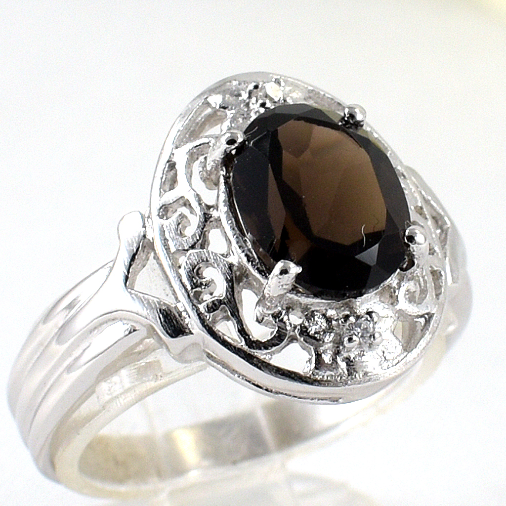 แหวนเงินแท้ราคาถูกชุบทองคำขาว พลอยแท้สโมกกี้ควอทซ์ 2.25 กะรัต เพชรCZ 0.02 กะรัต งานประณีตสวยงาม สั่งผลิตค่ะ