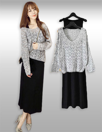 ชุดเดรสเซทสีดำมาพร้อมเสื้อสเวทเตอร์สีเทา ใส่สวยน่ารักสไตล์เกาหลี รหัส 1245