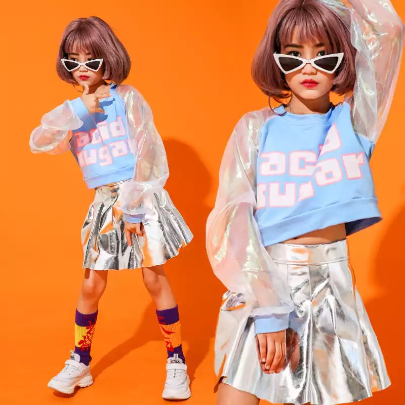 **เฉพาะเสื้อ** ชุดเต้น ชุดแฟชั่น สไตล์ฮิปฮอป สีฟ้า-เงิน