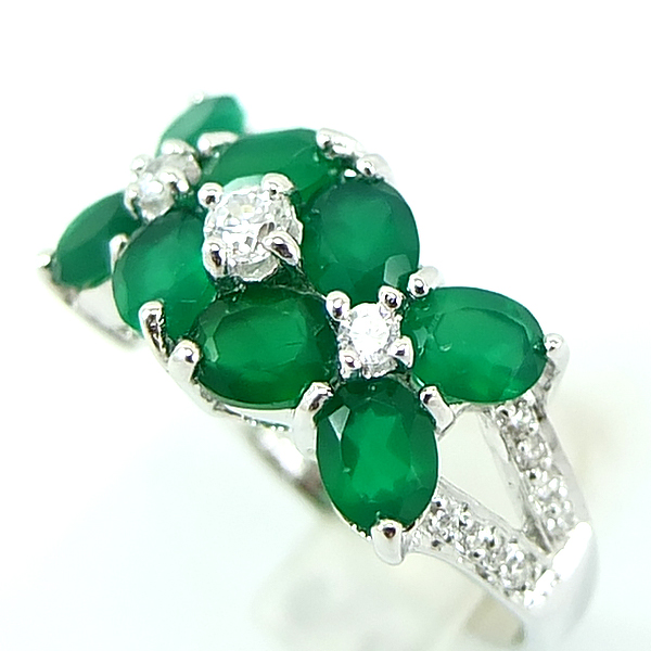 แหวนเงินแท้ราคาถูกชุบทองคำขาว พลอยแท้กรีนอะเกท 3.20 กะรัต เพชรCZ 0.272 กะรัต งานประณีตสวยงาม สั่งผลิตค่ะ