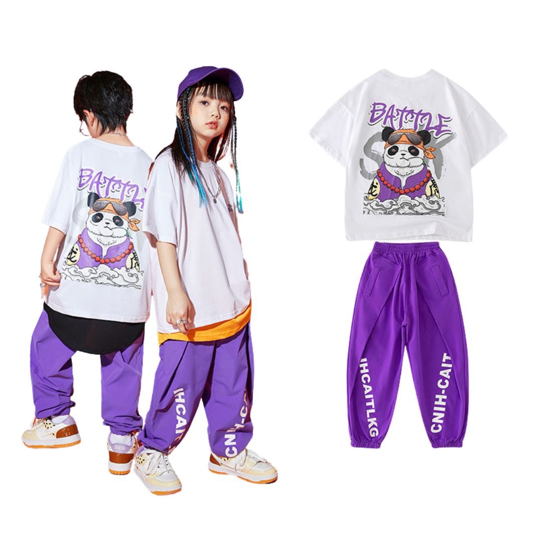พร้อมส่ง ชุดเต้น Hiphop เสื้อฮูดขาวแต่งกระเป๋าหน้าแดง+กางเกงขายาว สีดำ