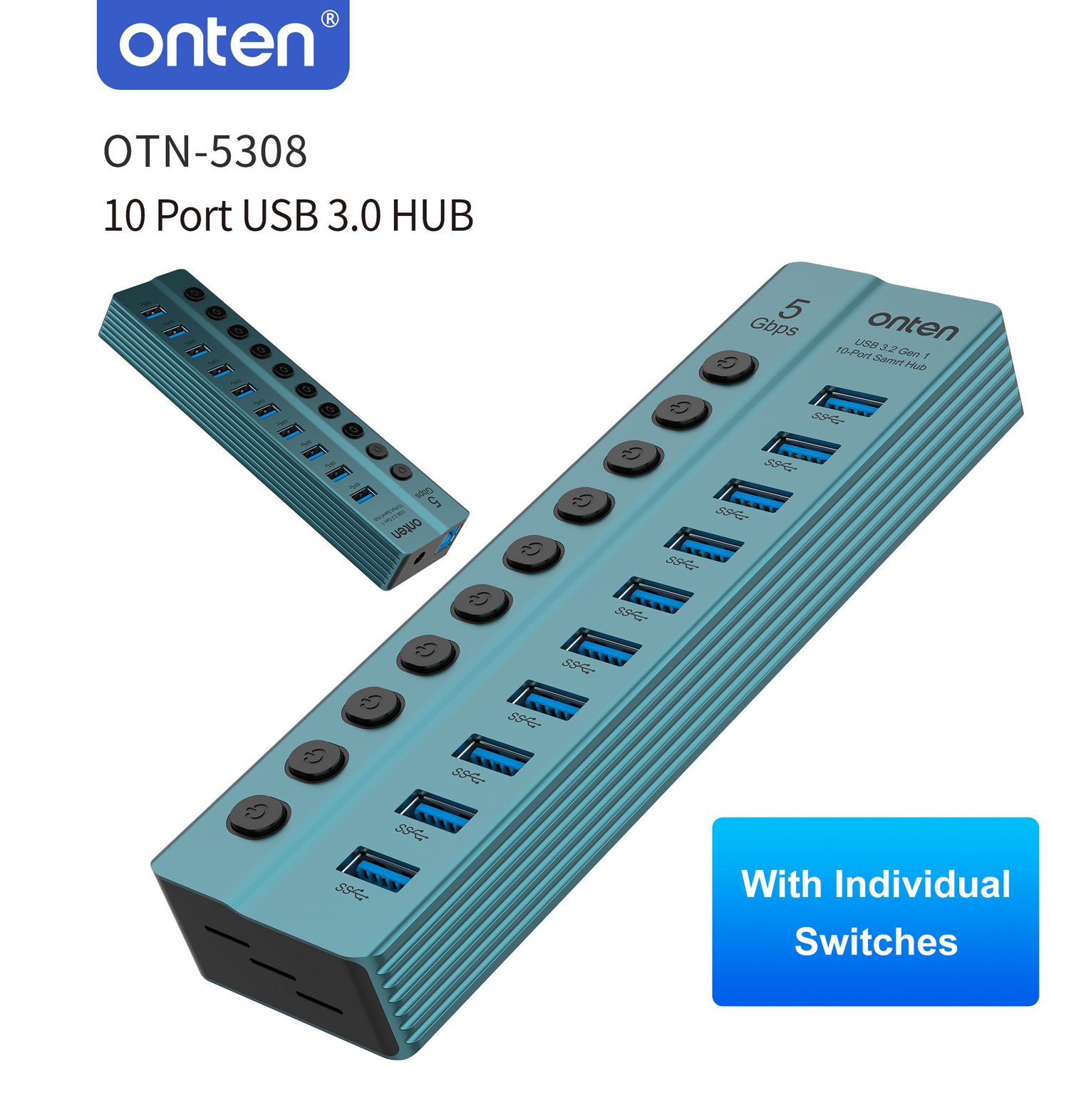 10-Port Hub USB 3.2 Gen 1 5Gbps with Separate Buttons by Onten