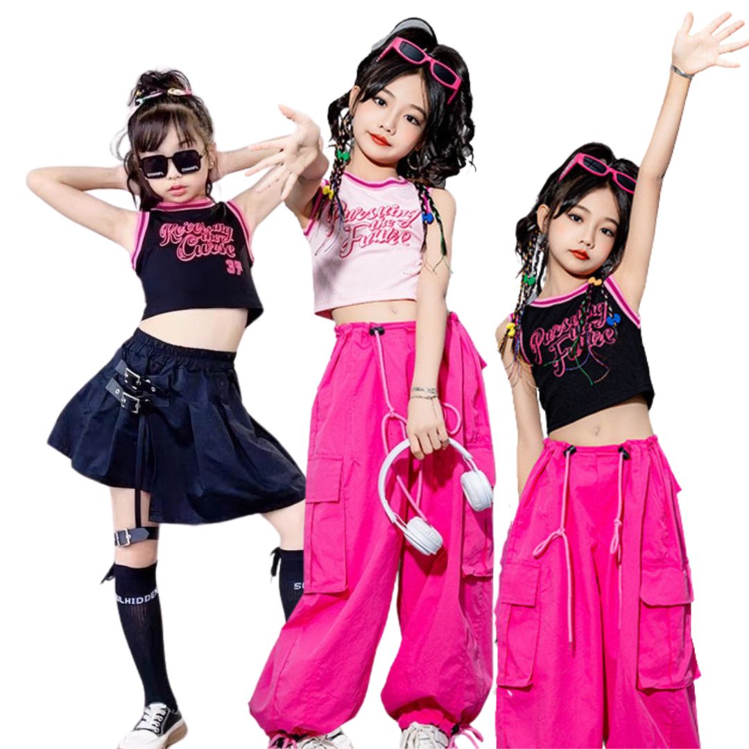 ชุดเต้น เสื้อแขนกุด+กางเกงคาร์โก้สีชมพู เอวผูก