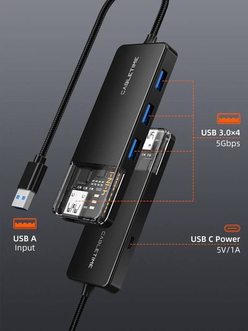 USB-A 3.0 to HUB USB-A 3.0 4Port with Power USB-C port สายยาว 1m by Cabletime