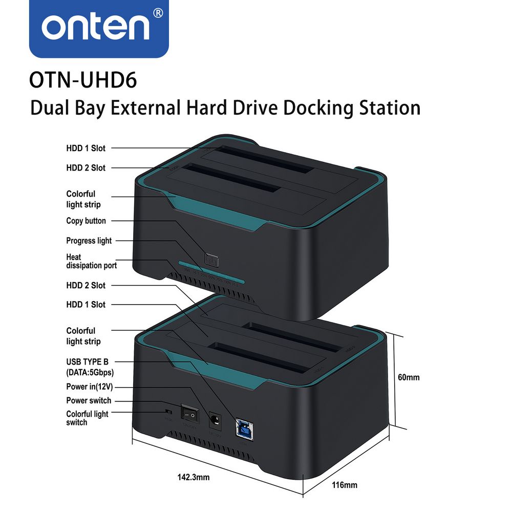 Dual Bay External Hard Drive Docking Station Support 16TB by Onten
