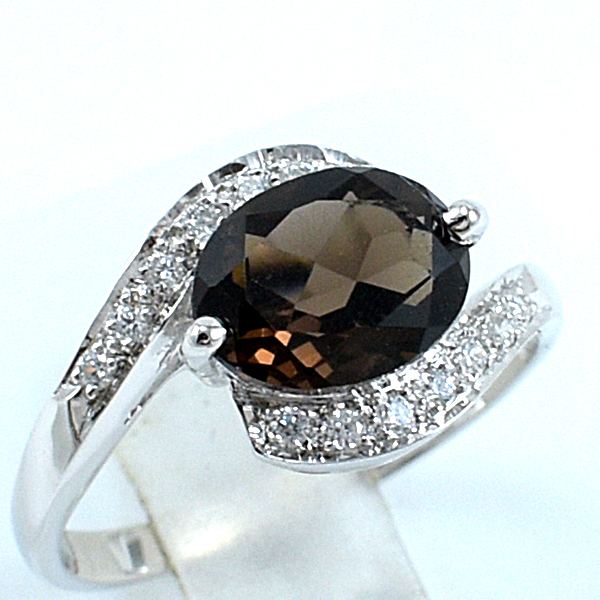 แหวนเงินแท้ราคาถูกชุบทองคำขาว พลอยแท้สโมกกี้ควอทซ์ 1.70 กะรัต เพชรCZ 0.14 กะรัต งานประณีตสวยงาม สั่งผลิตค่ะ