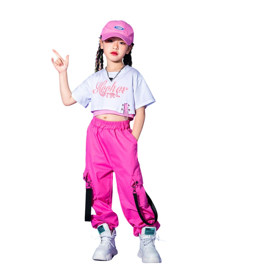 พร้อมส่ง ชุดเต้น ชุดแดนซ์ เสื้อสีขาว+กางเกงขายาว/กระโปรง สีชมพู