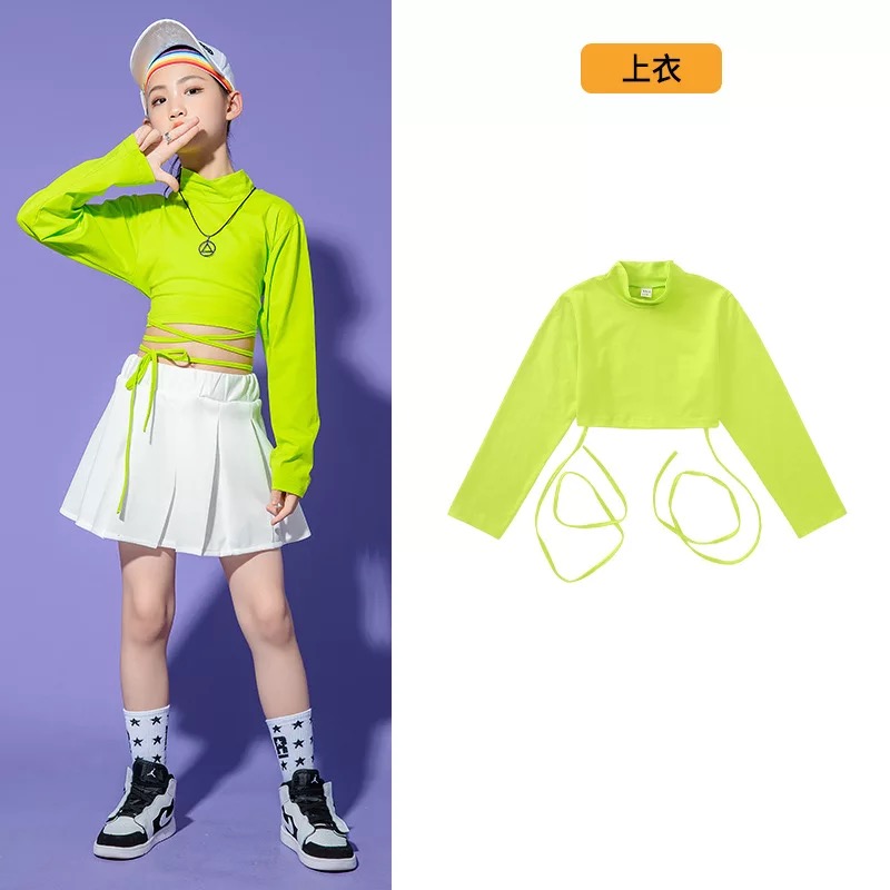 ชุดเต้น ชุดแดนซ์ เสื้อผูกเอว แขนยาว+กระโปรงสั้นสีขาว