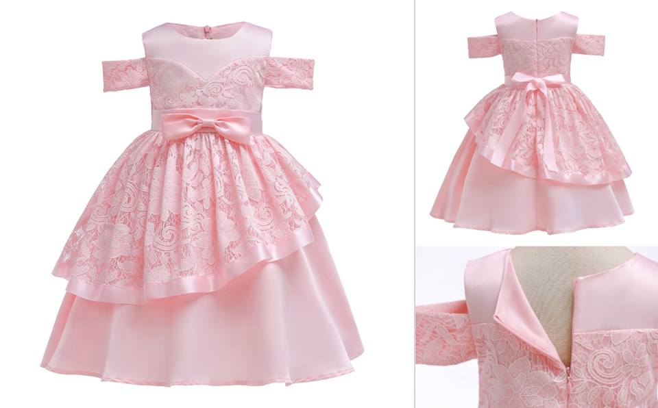 F เดรสเด็ก ชุดออกงาน สีชมพูอ่อน เปิดไหล่