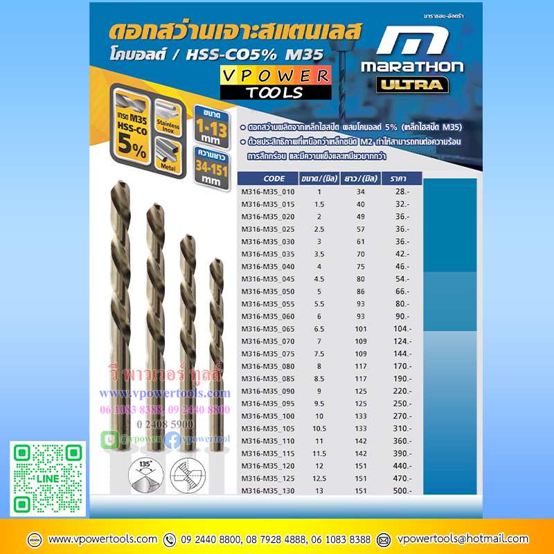 Marathon ดอกสว่านเจาะสแตนเลส HSS-CO 5% (เกรด M35) เลื่อนดูด้านล่าง⬇️⤵️