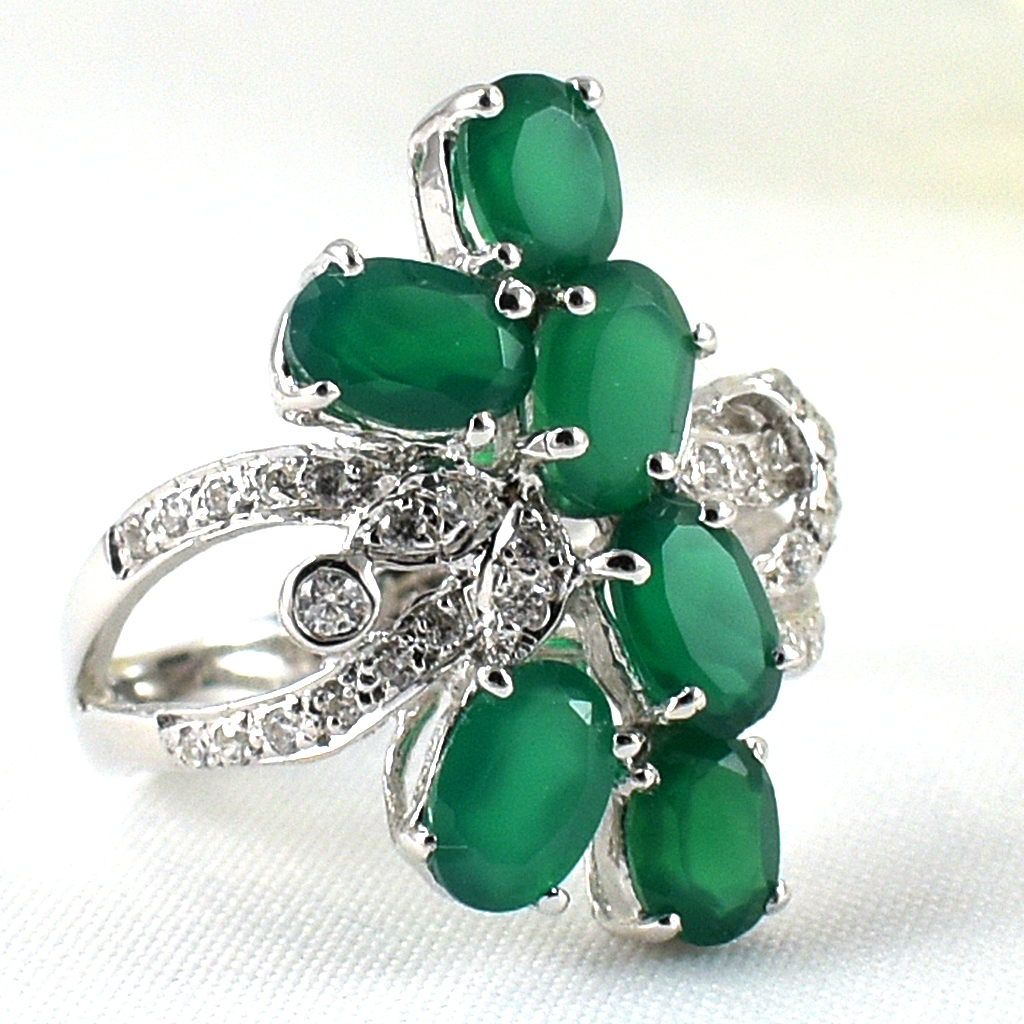 แหวนเงินแท้ราคาถูกชุบทองคำขาว พลอยแท้กรีนอะเกท 2.60 กะรัต เพชรCZ 0.225 กะรัต งานประณีตสวยงาม สั่งผลิตค่ะ