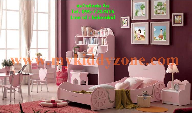 เตียงนอนไม้สำหรับเด็กผู้หญิง Lovely car Pinky รถสีชมพูหัวใจ