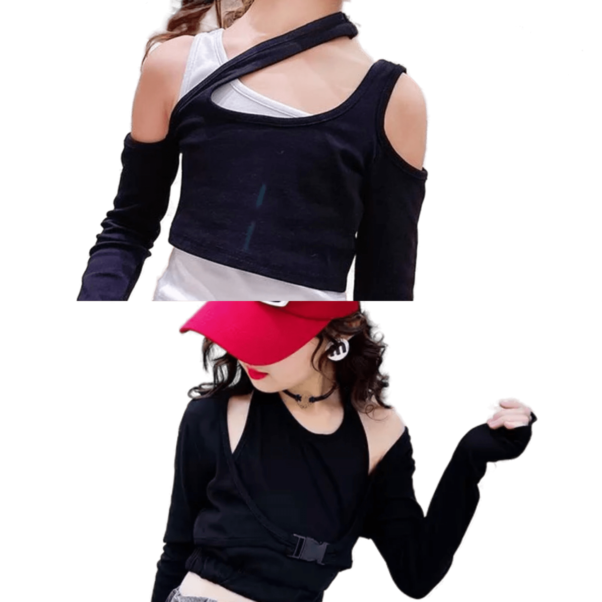 **เฉพาะเสื้อ**ชุดเต้น ฮิปฮอป เสื้อแขนยาว แขนคอไขว้ สีดำสลับดำ