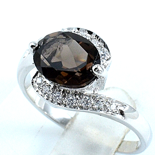 แหวนเงินแท้ราคาถูกชุบทองคำขาว พลอยแท้สโมกกี้ควอทซ์ 1.70 กะรัต เพชรCZ 0.14 กะรัต งานประณีตสวยงาม สั่งผลิตค่ะ