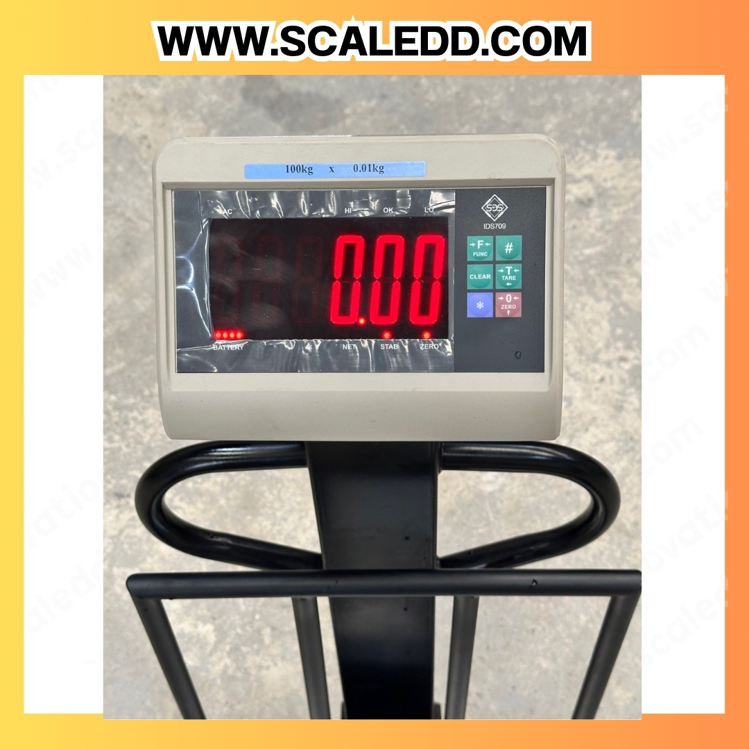 เครื่องชั่งน้ำหนักดิจิตอล IDS709E พิกัด 100kg ค่าละเอียด 10g ยี่ห้อ SDS รุ่น IDS709E แท่นฝาครอบสแตนเลสขนาด 40x50cm. มีล้อเลื่อน และที่กันตก