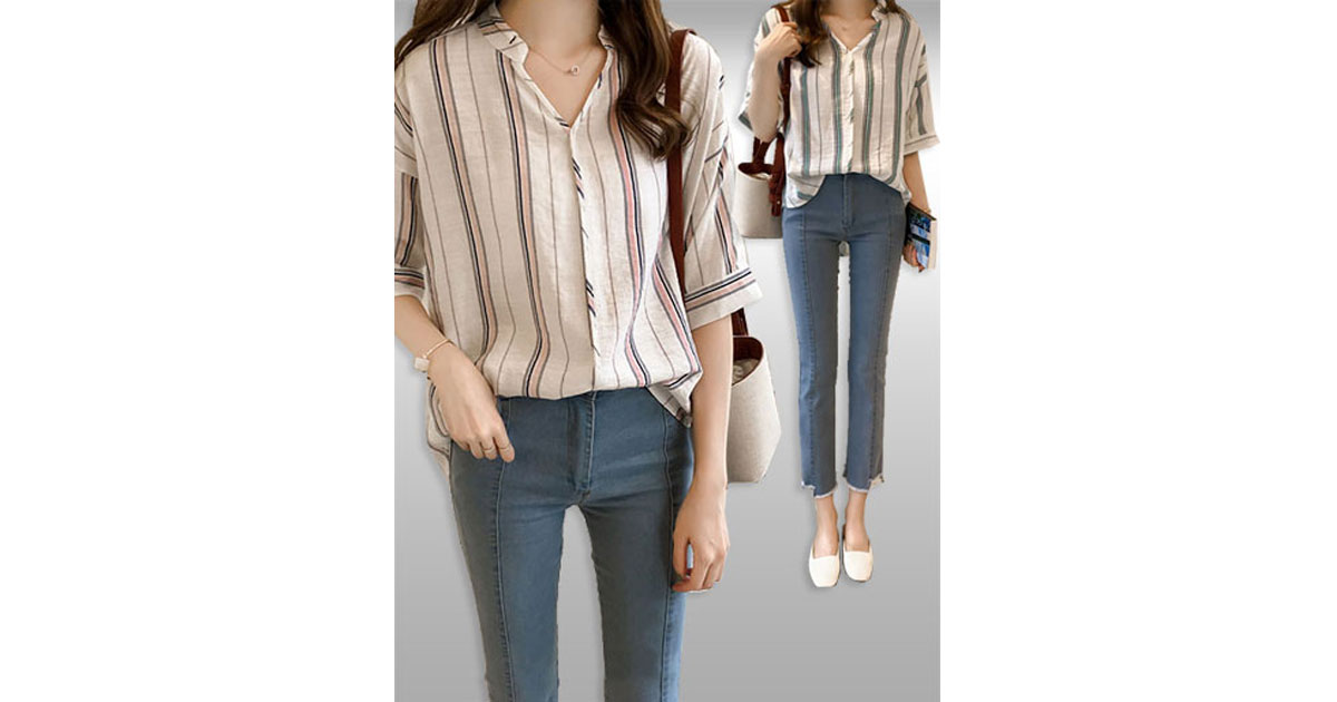 เสื้อเชิ๊ตแฟชั่นลายริ้วคอวีใส่เที่ยวเก๋ๆ มี 2 สี รหัส2293