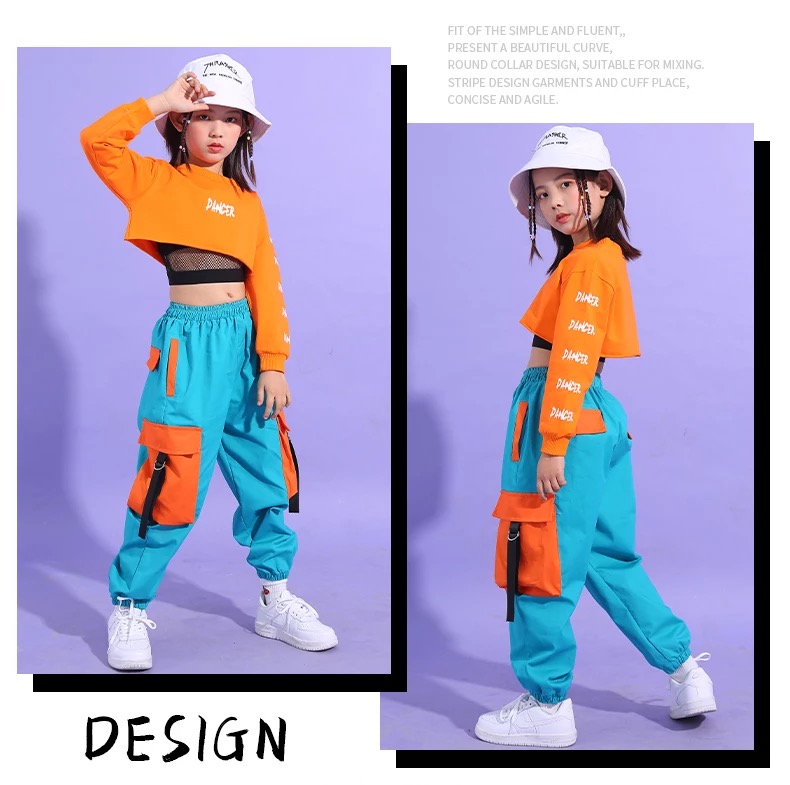 ชุดเต้น ชุดแดนซ์ เสื้อแขนยาวสีส้ม+กางเกงขายาว