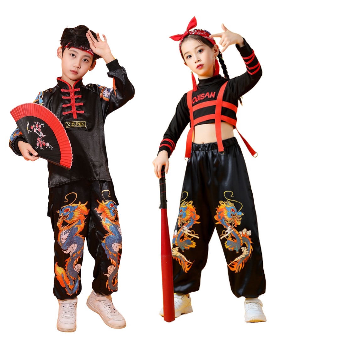 ชุดตรุษจีน เสื้อกี่เพ้าแขนยาวสีดำ+กางเกงขายาวมังกร