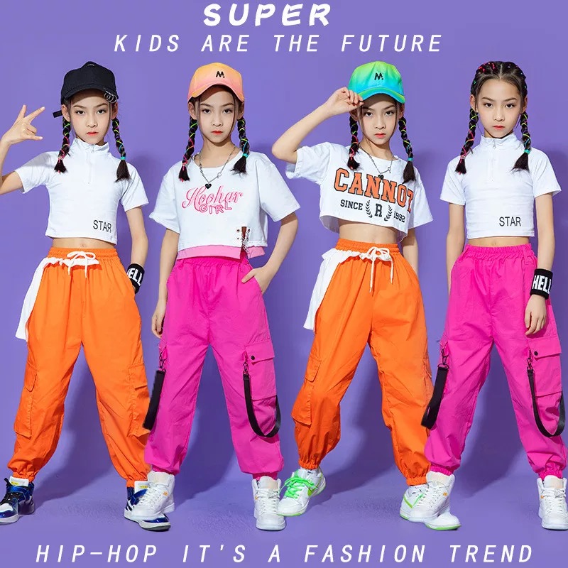 ชุดเต้น แดนซ์ เสื้อส้ม+กางเกงสีขาว