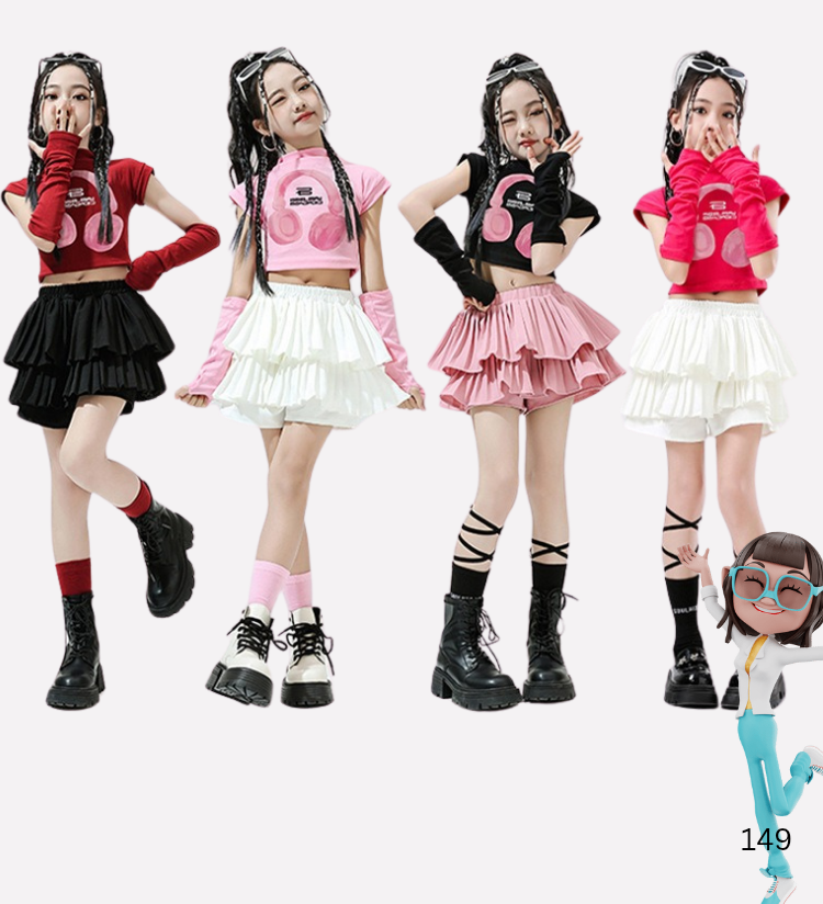 พร้อมส่ง ชุดเต้นเด็ก เสื้อ พร้อมปลอกแขน+กระโปรงอัดพลีท