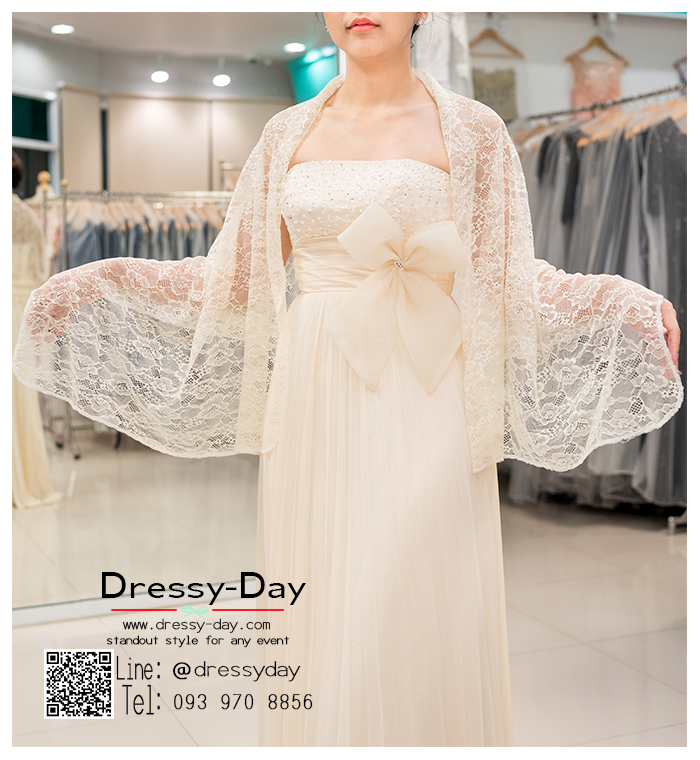 รหัส ชุดผ้าคลุมไหล่ : DD002 ผ้าคลุมไหล่ชุดราตรี ไปงานแต่ง ผ้าคลุมไหล่ชุดราตรีไซส์ใหญ่ เสื้อคลุมชุดราตรี พร้อมส่ง สวย เรียบหรู สีครีม