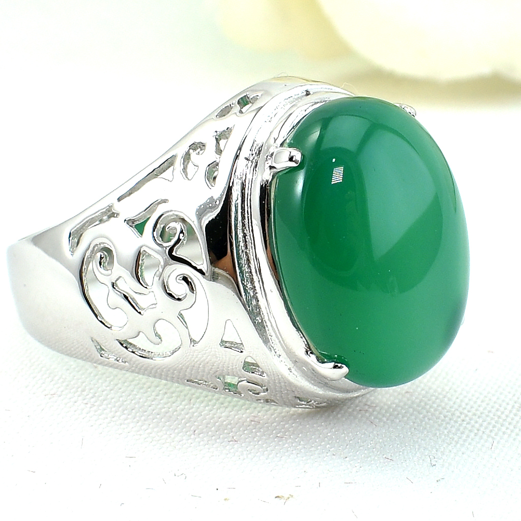 แหวนเงินแท้ราคาถูกชุบทองคำขาว พลอยแท้กรีนอะเกท 11.50 กะรัต งานประณีตสวยงาม สั่งผลิตค่ะ