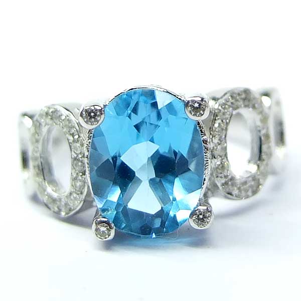 แหวนเงินแท้ราคาถูกชุบทองคำขาว สวิสบลูโทปาซแท้ 2.25 กะรัต เพชรCZ 0.224 กะรัต งานประณีตสวยงาม สั่งผลิตค่ะ